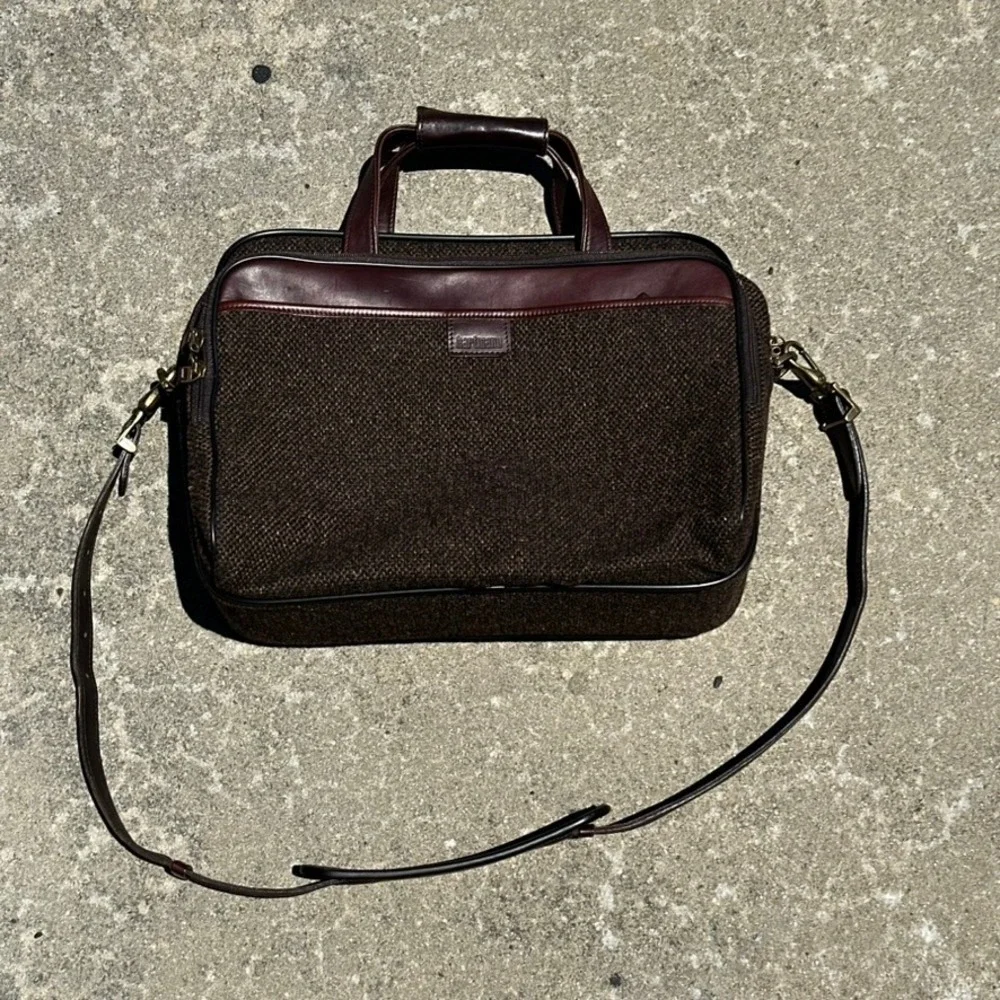 Hartmann Vintage Tweed Leather Briefcase Brown Weekend Messenger Bag Brass